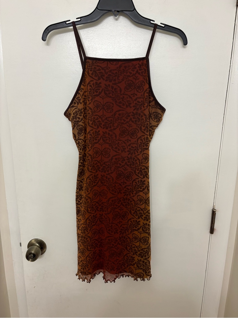 VTG 90s La Belle Mesh Butterfly Slip Dress Brown Red Lettuce Hem Whimsigoth S